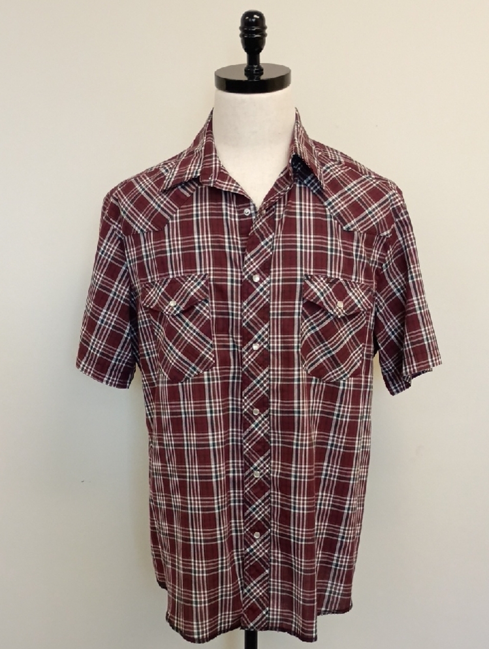 Wrangler Burgundy Plaid Pearl Snap Western Shirt Short Sleeve Size Large